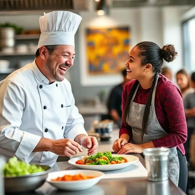 Chef laughing with a student.
