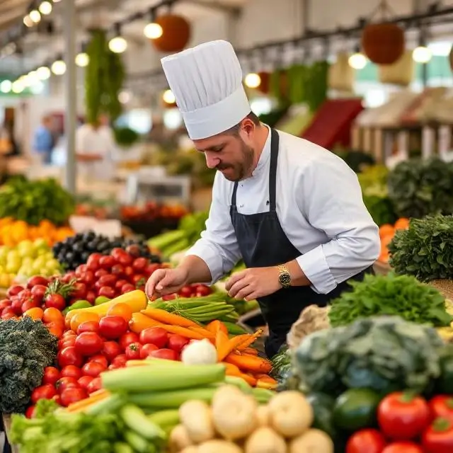 Chef inspecting fresh produce at a market.