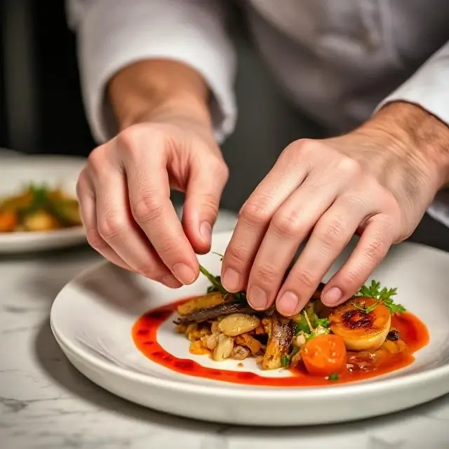 Close-up of a chef's hands plating a dish.