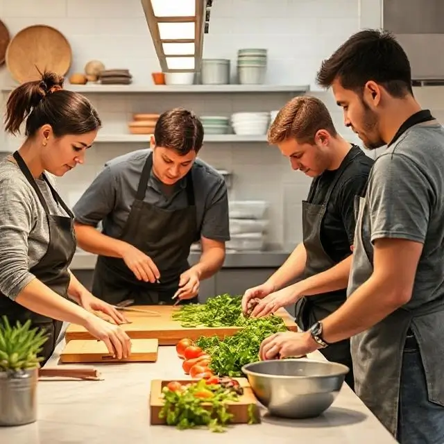 The team collaborating in the kitchen.
