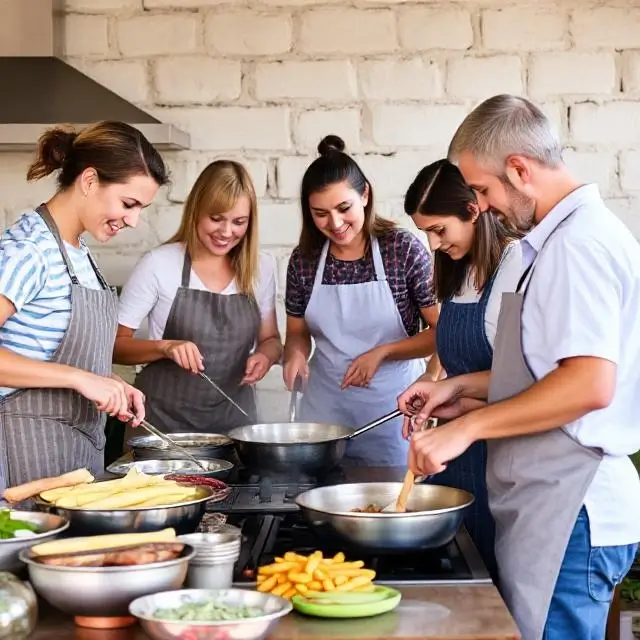 A group of people happily cooking together.