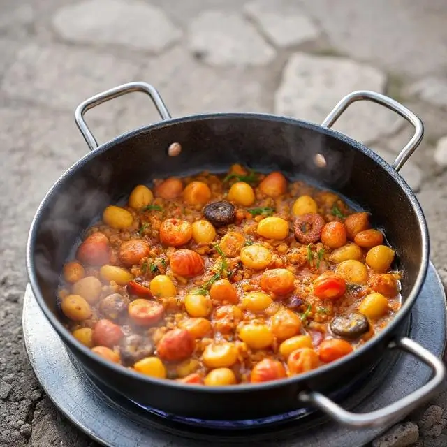 A simmering pan of paella.