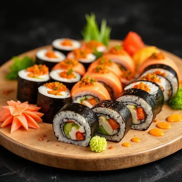 Perfectly rolled sushi on a platter.