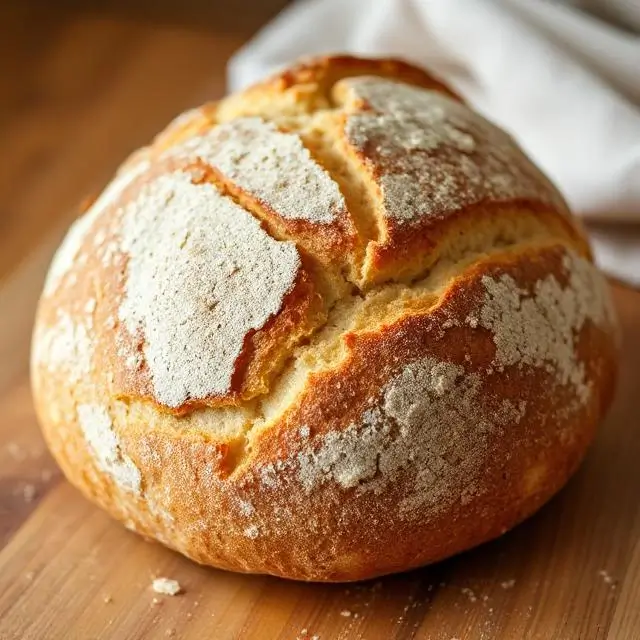 A golden-brown loaf of sourdough bread.
