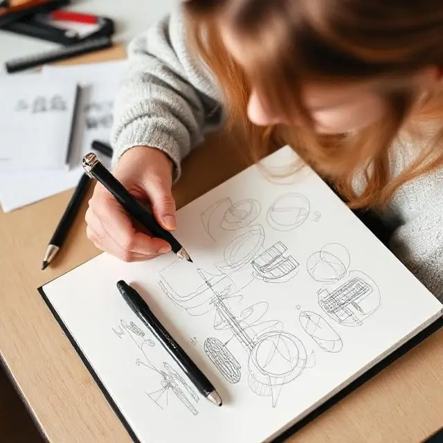 Elena Moreau sketching ideas in a notebook.