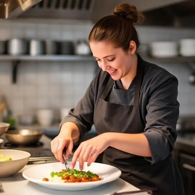 Head Chef Isabelle Dubois in her element, focused and professional.