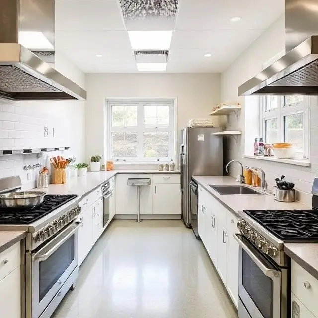 A bright, modern teaching kitchen with stainless steel appliances.