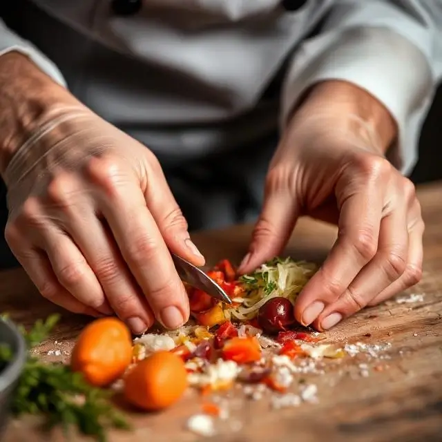 A close-up of a chef's hands preparing ingredients.