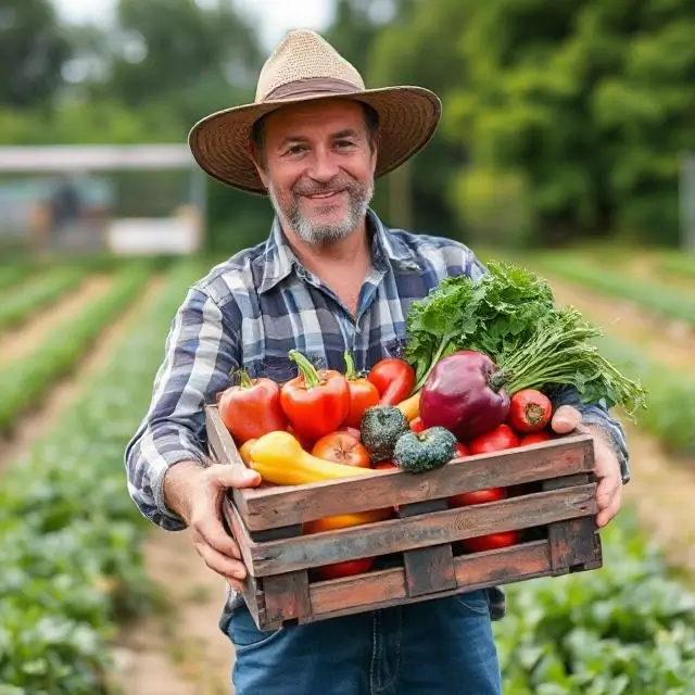 A farmer holding a crate of fresh vegetables.