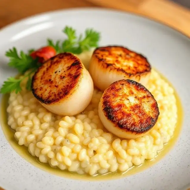 A beautiful plate of pan-seared scallops with risotto.