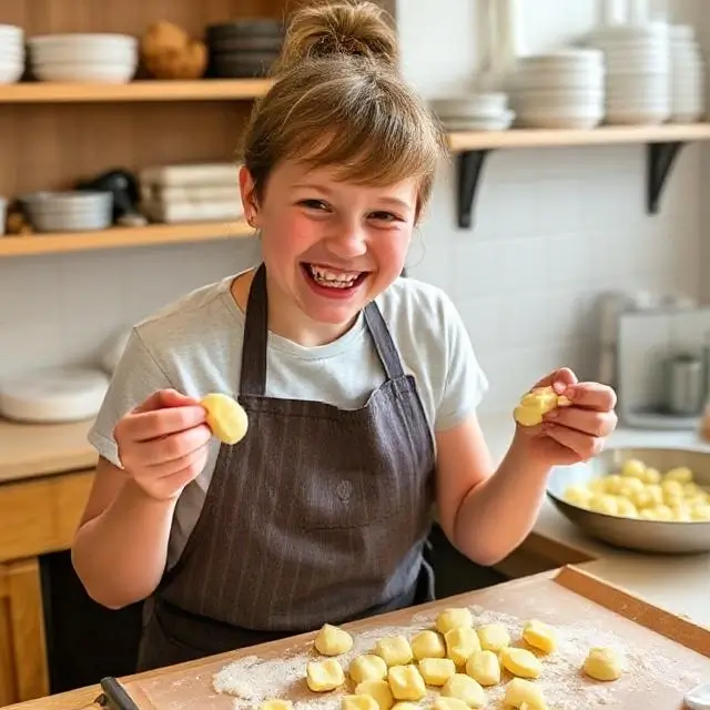 A happy student showing off their handmade gnocchi.
