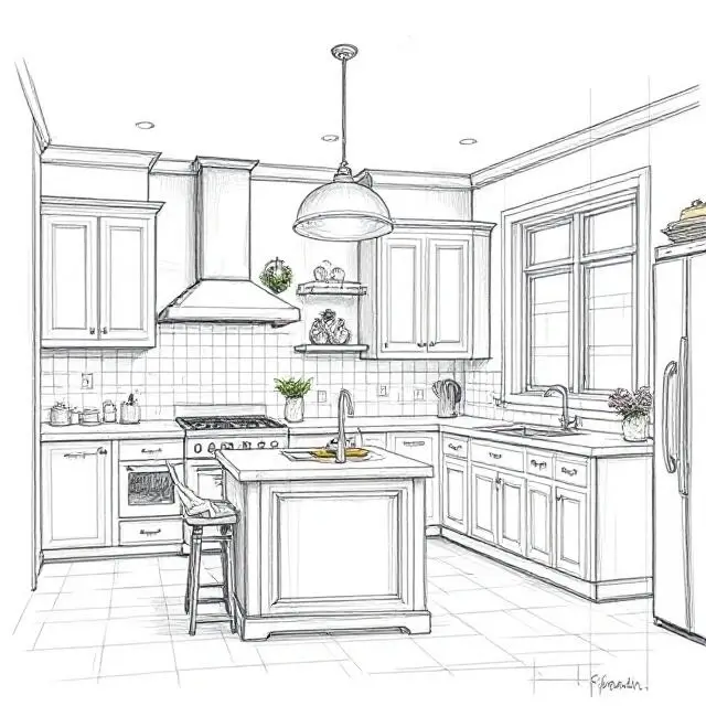 Sketches and plans for a kitchen.