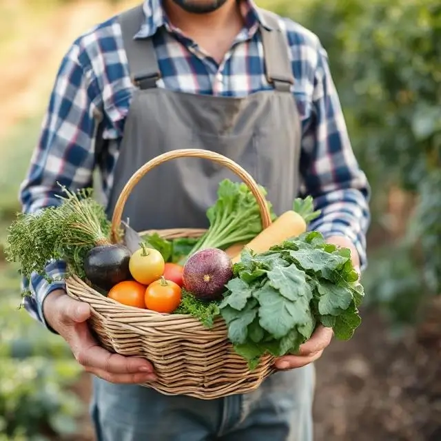 A farmer holding a basket of fresh vegetables.