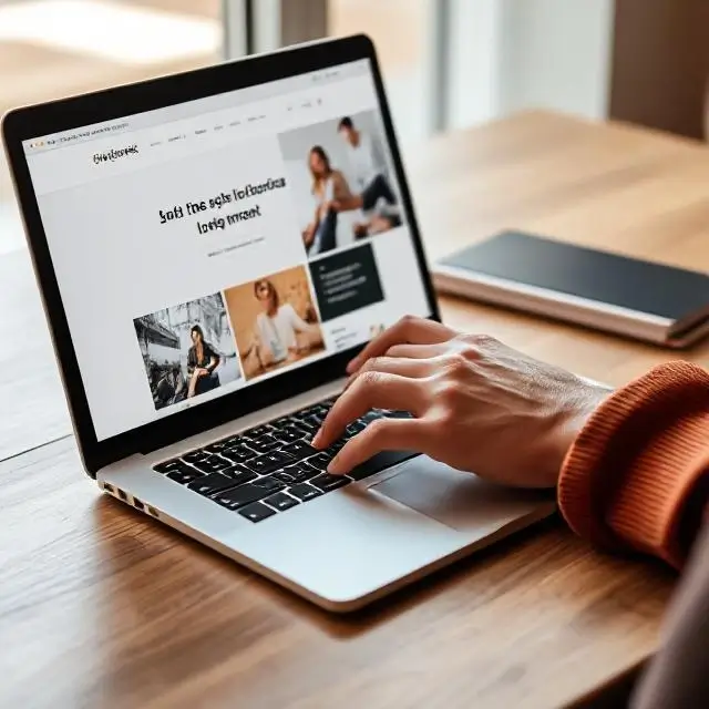 A person typing on a laptop showing a website design.