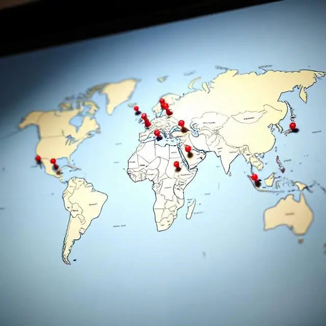 A world map with pins in different countries.