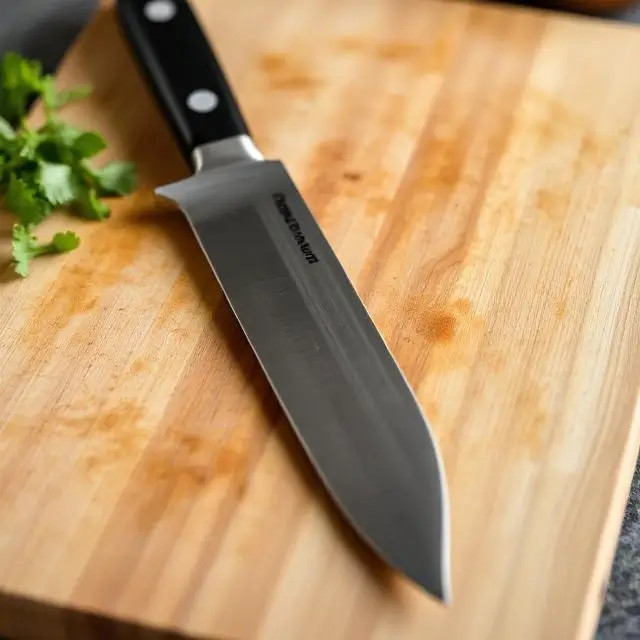A sharp chef's knife on a cutting board.