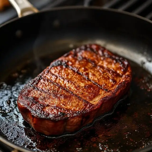 A steak searing in a hot pan.